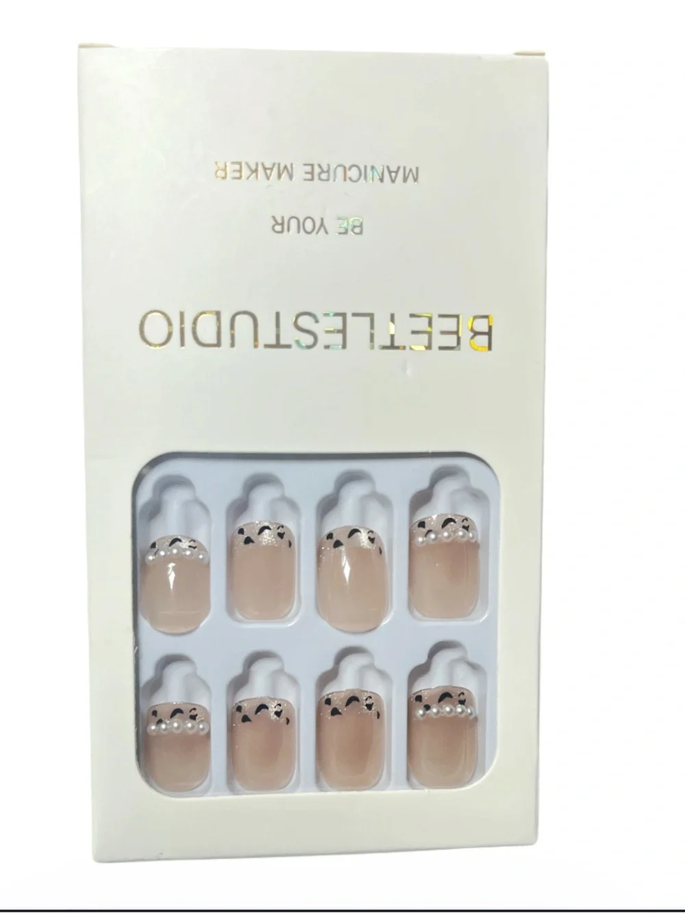 New Nude Accent Press-On Nails with Pearl Detail